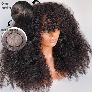 Zetvaa 14inches / 200 Density 200% Density Afro Kinky Curly Wig With Bangs Brazilian Remy Human Hair Machine Wig With O Scalp Top For Black Women